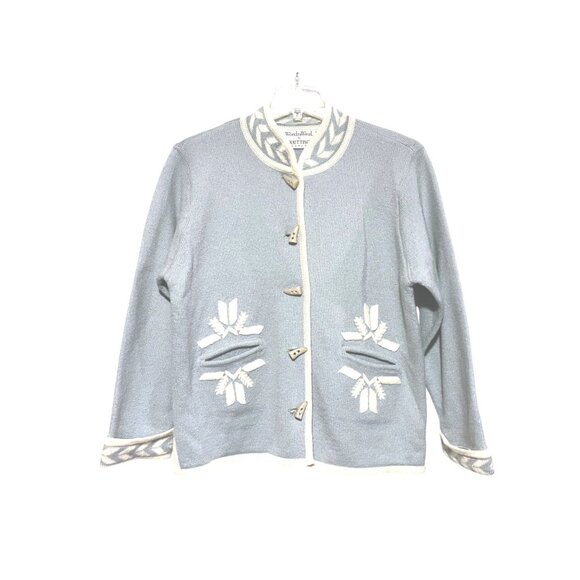 Vintage Powder Blue Wool Cardigan Sweater XL Snowflakes Wondrawool 100% Wool - Picture 2 of 8